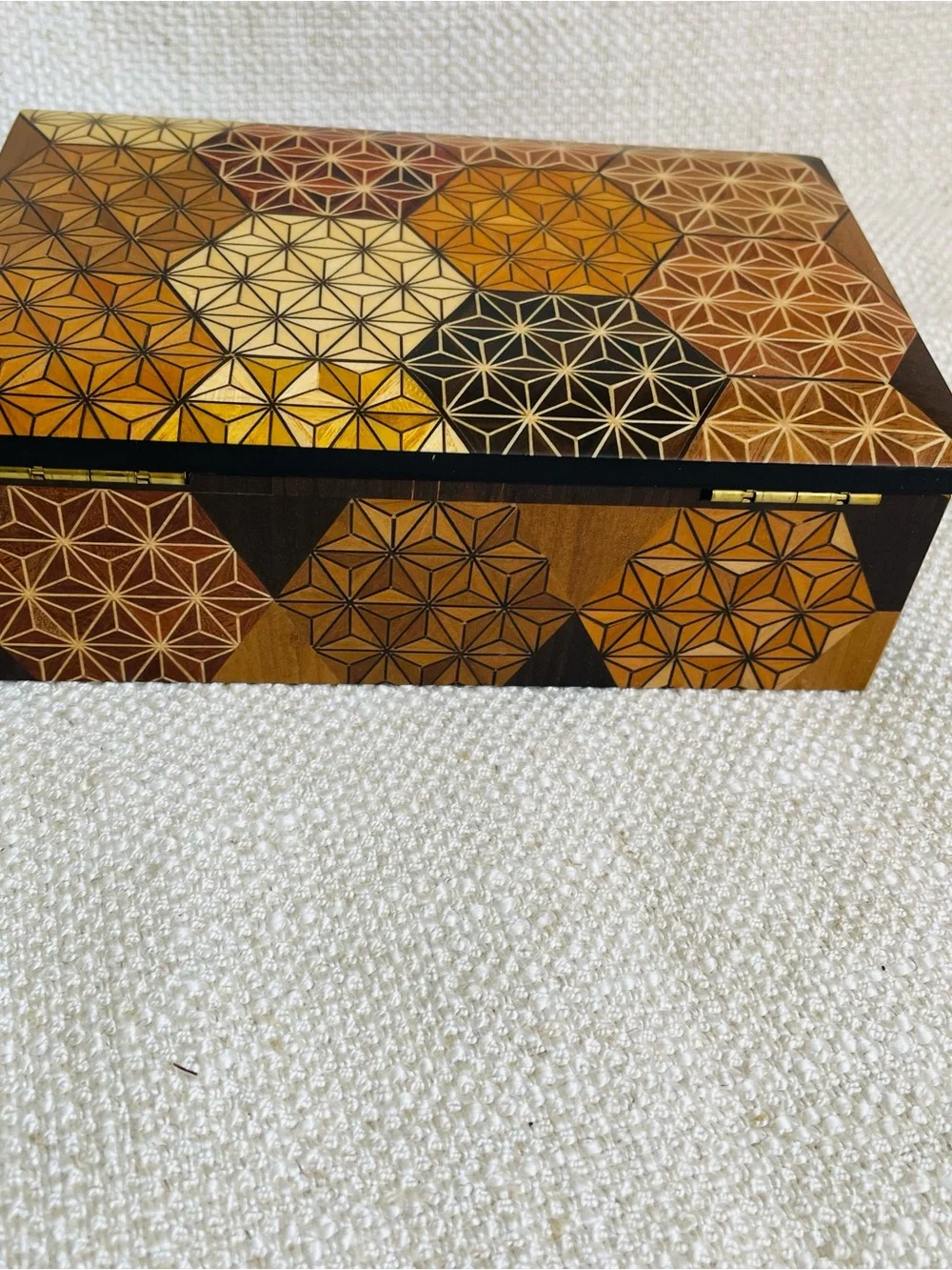 Vintage Handcrafted Geometric Inlay Wood Keepsake Jewelry Box Honey Brown